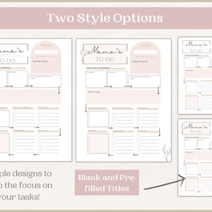 May include: Two printable to-do list templates with the title "Mama's To-Do". The first template has a blank title section and the second template has a pre-filled title section. Both templates have sections for "How are you feeling?", "Brain Dump", "Time Management", "Self-Care/Social", "Cooking", "Family", "Cleaning", and "Errands".