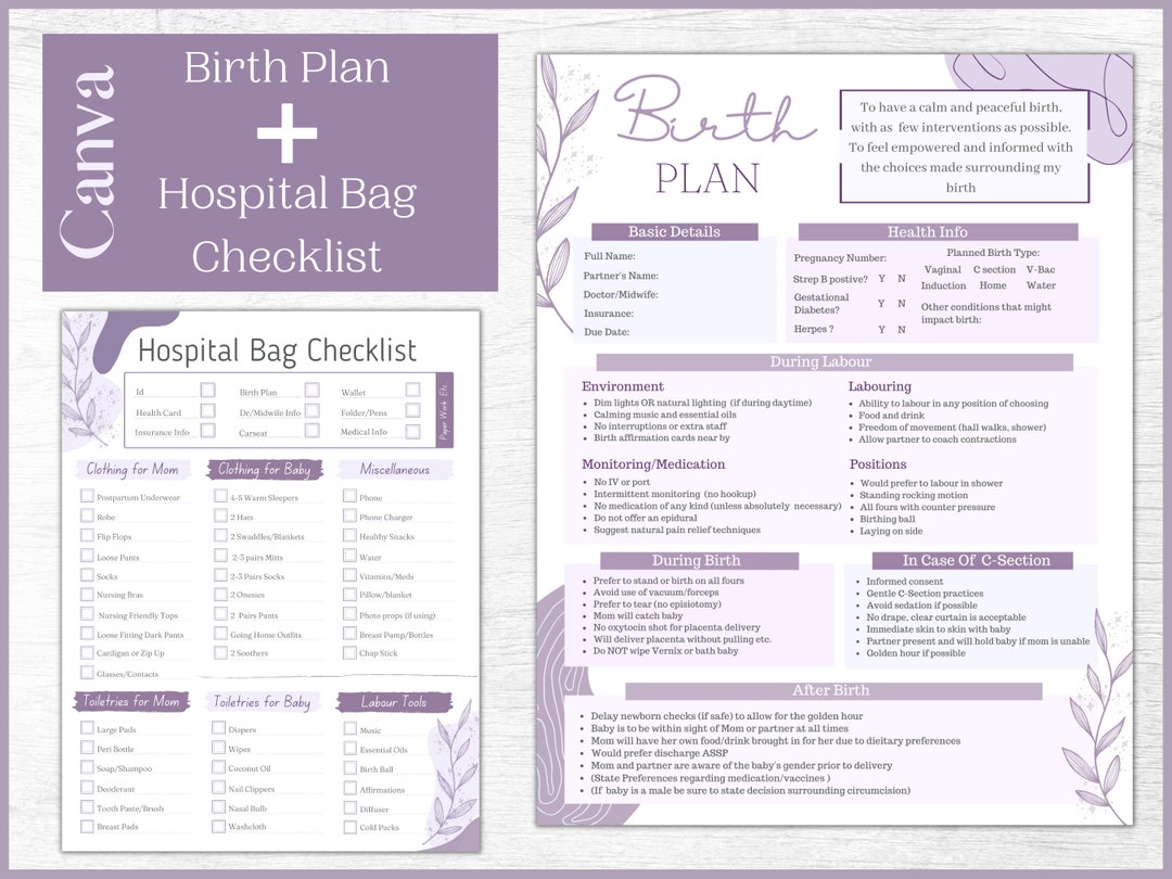 Editable Birth Plan Template and Hospital Bag Checklist Bundle - Etsy