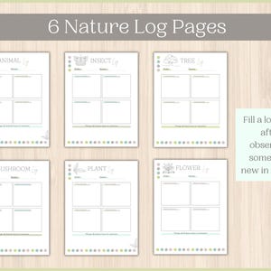 Pu&ograve; includere: Sei pagine di registro della natura stampabili con illustrazioni di un animale, un insetto, un albero, un fungo, una pianta e un fiore. Ogni pagina ha quattro caselle vuote per registrare le osservazioni. Il testo "Riempi una pagina di registro dopo aver osservato qualcosa di nuovo in natura!" &egrave; in basso a destra dell'immagine.