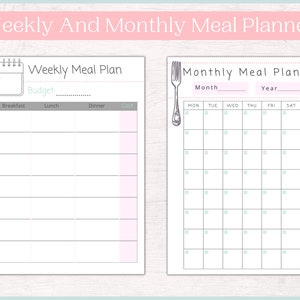 May include: A printable weekly and monthly meal planner with a pink and gray color scheme. The weekly planner has columns for breakfast, lunch, dinner, and cost. The monthly planner has a calendar grid with spaces for each day of the month.