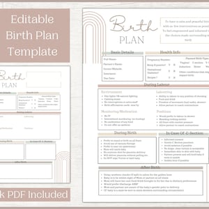 May include: A printable birth plan template with a minimalist design. The document includes sections for basic details, health information, and preferences for labor, birth, and after birth. The text "Editable Birth Plan Template" is at the top.