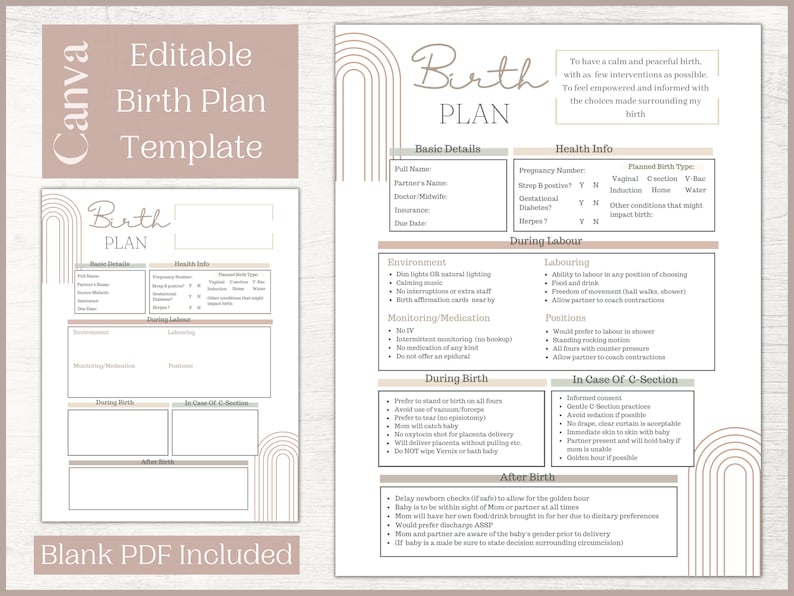 May include: A printable birth plan template with a minimalist design. The document includes sections for basic details, health information, and preferences for labor, birth, and after birth. The text "Editable Birth Plan Template" is at the top.