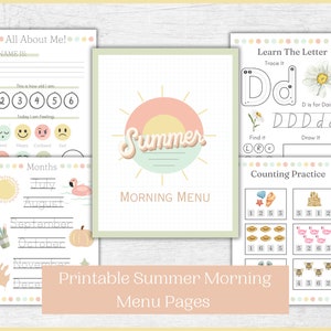 Homeschool Vorschul-Sommermorgenmenü zum Ausdrucken | Morgenmenüseiten | Beschäftigte Buchaktivitäten