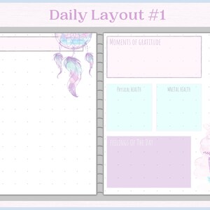 May include: A daily planner page with a pink and purple colour scheme. The page has a section for "Moments of Gratitude", "Physical Health", "Mental Health", and "Feelings of the Day". The page also has a section for "Doing Always Beats Thinking".