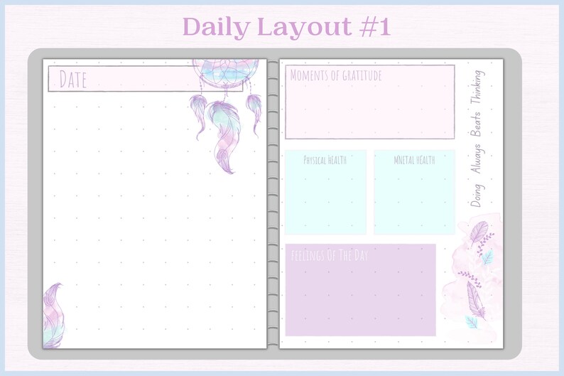 May include: A daily planner page with a pink and purple colour scheme. The page has a section for "Moments of Gratitude", "Physical Health", "Mental Health", and "Feelings of the Day". The page also has a section for "Doing Always Beats Thinking".