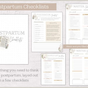 May include: A set of printable checklists for postpartum recovery. The checklists are designed to help new parents prepare for the transition home and manage the challenges of caring for a newborn. The checklists include sections for postpartum healing, breastfeeding, meal planning, and family support.
