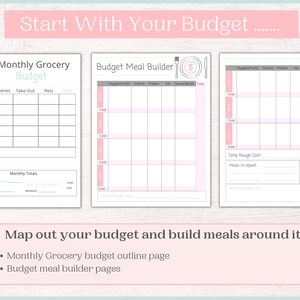 May include: Printable budget planner with a pink and gray color scheme. The planner includes a monthly grocery budget outline page and budget meal builder pages. The text "Start With Your Budget" is at the top of the page.