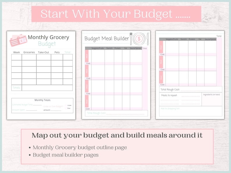 May include: Printable budget planner with a pink and gray color scheme. The planner includes a monthly grocery budget outline page and budget meal builder pages. The text "Start With Your Budget" is at the top of the page.