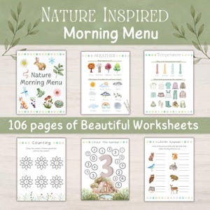 May include: A collection of 106 educational worksheets titled Nature Inspired Morning Menu. The pages feature watercolor illustrations of animals, plants, and weather icons, with activities for counting, letter sounds, and identifying temperatures.