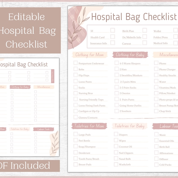 Hospital Bag Packing List | Editable Hospital Bag Packing Checklist | Birth Plan Packing List