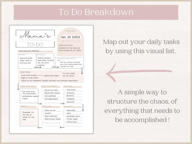 May include: A printable to-do list with a pink and white colour scheme. The list is titled "Mama's To-Do" and is divided into sections for "How are you feeling?", "Brain Dump", "Time Sensitive", "Call/Task/Email", "Cooking", "Family", "Cleaning", and "Errands".
