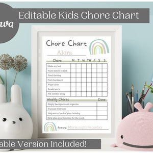 Editable Chore Chart for Kids | Printable Kids Chore Chart | Responsibility and Reward Chart for Kids