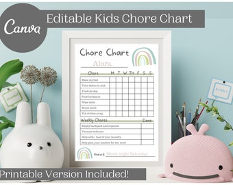 Puede incluir: Un cuadro de tareas imprimible para niños con un diseño de arcoíris. El cuadro incluye una lista de tareas diarias y semanales. El cuadro está titulado "Chore Chart" y tiene el nombre "Alora" en la parte superior. El cuadro tiene una sección de recompensa que dice "Noche de cine sábado".