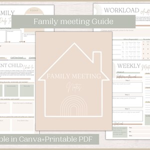 May include: A printable family meeting guide with a beige background and a white house shape in the center. The guide includes sections for daily check-ins, parent-child check-ins, weekly meetings, and a workload audit. The text "Family Meeting Guide" is written in a light brown font at the top of the page.