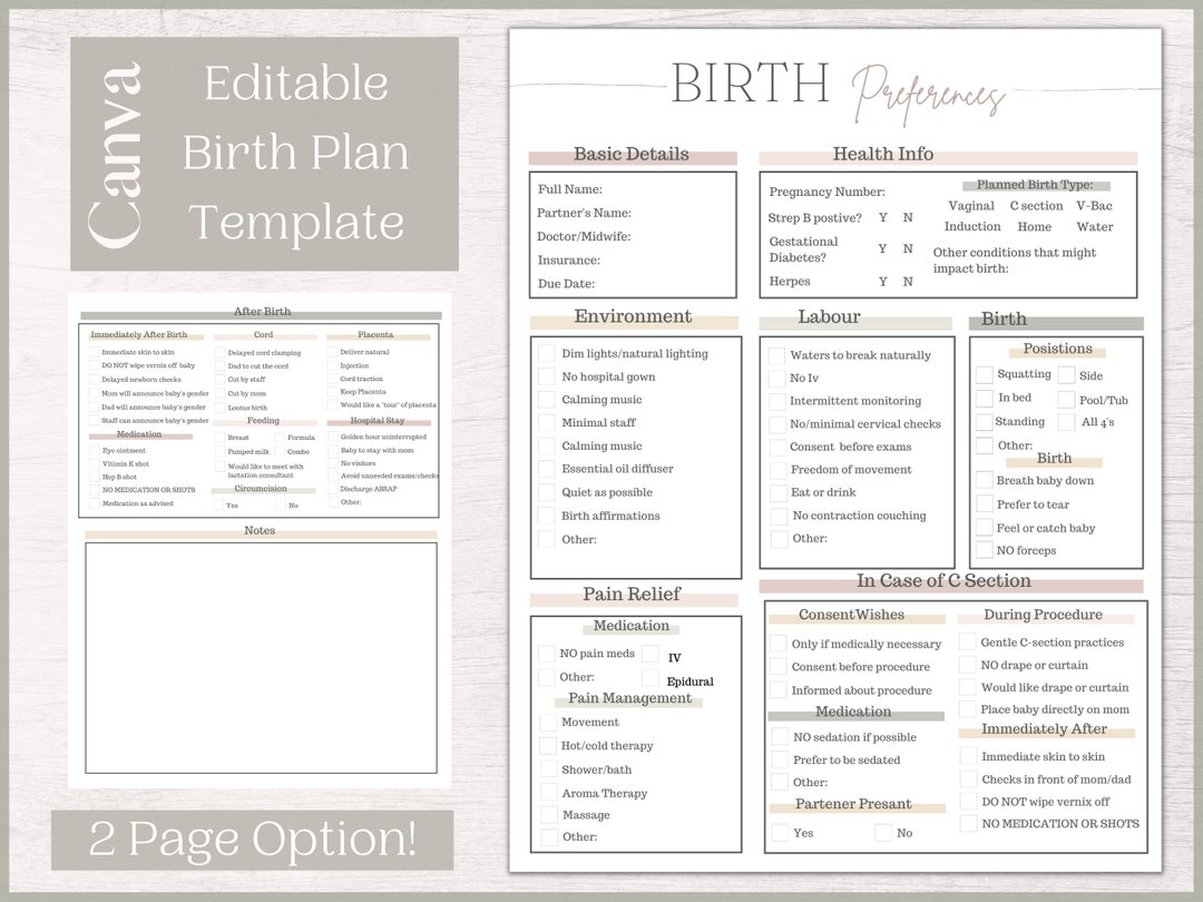 Printable and Editable Birth Plan Template Neutral Colours Birth Plan Printable and Editable Birth Plan Template Neutral Colours Birth Plan