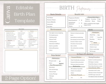May include: A printable birth plan template with sections for basic details, health information, environment, labor, birth, pain relief, and consent wishes. The template includes checkboxes, text fields, and a two-page option.