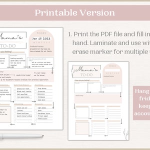 May include: A printable to-do list for mums with a pink and white colour scheme. The list is divided into sections for brain dump, time blocking, call/text/email, cooking, family, cleaning, and errands. The text "Mama's To-Do" is at the top of the list. The text "Hang on the fridge to keep you accountable" is at the bottom of the list.