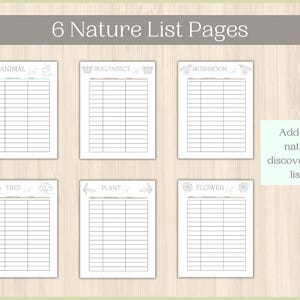 Pu&ograve; includere: Sei pagine di lista della natura stampabili con illustrazioni di animali, insetti, funghi, alberi, piante e fiori. Ogni pagina ha un titolo e una griglia di righe vuote per scrivere.