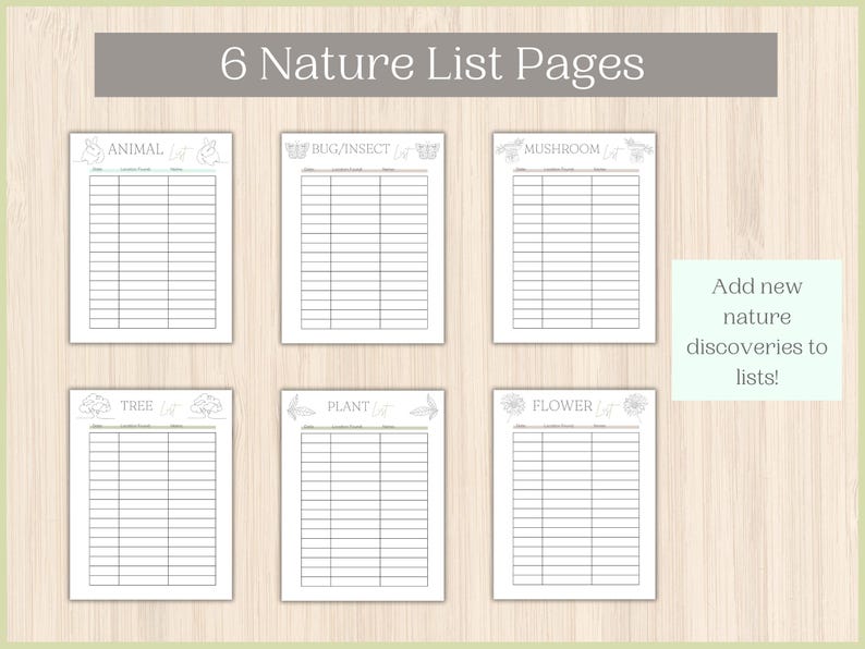 Pu&ograve; includere: Sei pagine di lista della natura stampabili con illustrazioni di animali, insetti, funghi, alberi, piante e fiori. Ogni pagina ha un titolo e una griglia di righe vuote per scrivere.