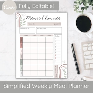 Simplified Weekly Meal Planner Template | Printable Menu Planner | Editable Meal Planner
