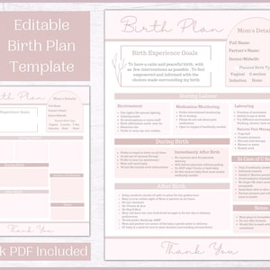 May include: A printable pink and white birth plan template with sections for birth experience goals, environment, during labour, during birth, immediately after birth, after birth, in case of c-section, and notes. The template includes a section for mom's details, including full name, partner's name, doctor/midwife, planned birth type, induction, and labour.