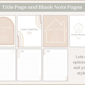 May include: A set of printable family meeting notes pages with different design options. The pages feature a rainbow arch, a house with a heart, and a simple line design. The text "Family Meeting Notes" is included on each page.