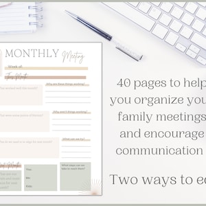 May include: A printable worksheet for a monthly family meeting. The worksheet includes sections for what worked well this month, points of friction, what to realign for next month, and goals for the next month. The worksheet has a modern design with a light brown and green color scheme.
