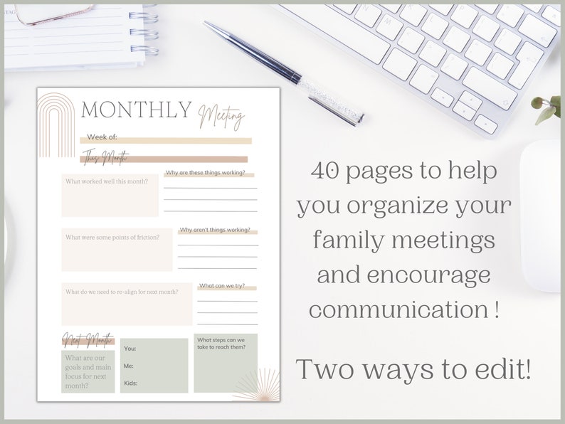 May include: A printable worksheet for a monthly family meeting. The worksheet includes sections for what worked well this month, points of friction, what to realign for next month, and goals for the next month. The worksheet has a modern design with a light brown and green color scheme.