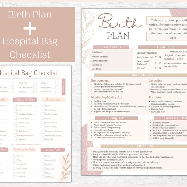 Editable Birth Plan Template and Hospital Bag Checklist Bundle