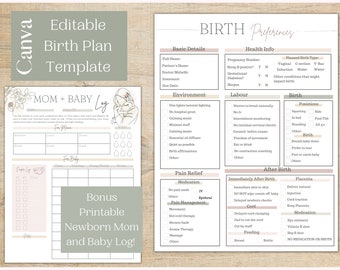 Editable Birth Plan Template and Printable Newborn Log | Mini Birth bundle | Printable Birth Plan