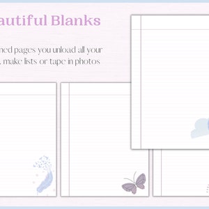 May include: Four lined pages with different illustrations. The first page has a feather with birds flying away. The second page has a butterfly. The third page has a hot air balloon. The fourth page has a rainbow.  "Simple lined pages you unload all your thoughts, make lists or tape in photos" is written at the top of the page.