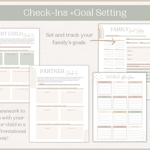 May include: Printable worksheets for goal setting and check-ins with family members, partners, or children. The worksheets have a light green and brown color scheme with a minimalist design. The worksheets include sections for setting goals, tracking progress, and reflecting on personal growth.