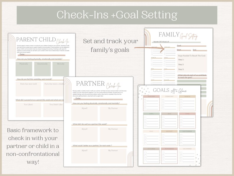 May include: Printable worksheets for goal setting and check-ins with family members, partners, or children. The worksheets have a light green and brown color scheme with a minimalist design. The worksheets include sections for setting goals, tracking progress, and reflecting on personal growth.