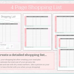 May include: A printable shopping list template with four pages. Each page is labeled with a category: Veggies/Fruits, Sauces/Spices, Pantry Items, Fridge Items, Pets, and Household. Each page has a grid with columns for item, quantity, cost, and store.