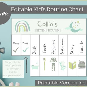Editable Toddler Bedtime Routine Chart | Printable Chore Chart for Kids | Kids Routine Chart