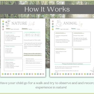 Pu&ograve; includere: Un diario di passeggiata nella natura stampabile con uno schema di colori verde e bianco. Il diario ha sezioni per registrare osservazioni sulla natura e sugli animali. Il testo sulla pagina dice "Nature Walk" e "Animal Log".