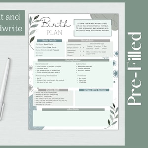 May include: A printable birth plan template with a minimalist design. The document includes sections for basic details, health information, environment, labor, and after birth. Text on the image reads "Print and handwrite" and "Pre-Filled PDFs Included."