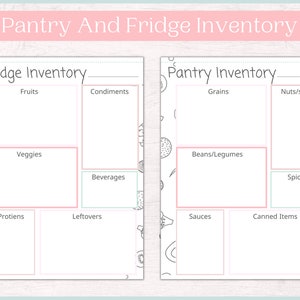 May include: A printable pantry and fridge inventory list with categories for fruits, veggies, proteins, condiments, beverages, leftovers, grains, beans/legumes, nuts/seeds, spices, sauces, and canned items.