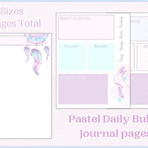 May include: Pastel pink and blue daily bullet journal pages featuring a dreamcatcher and hot air balloon design. The pages include sections for moments of gratitude, physical health, mental health, doing always beats thinking, and practice positive perspective.