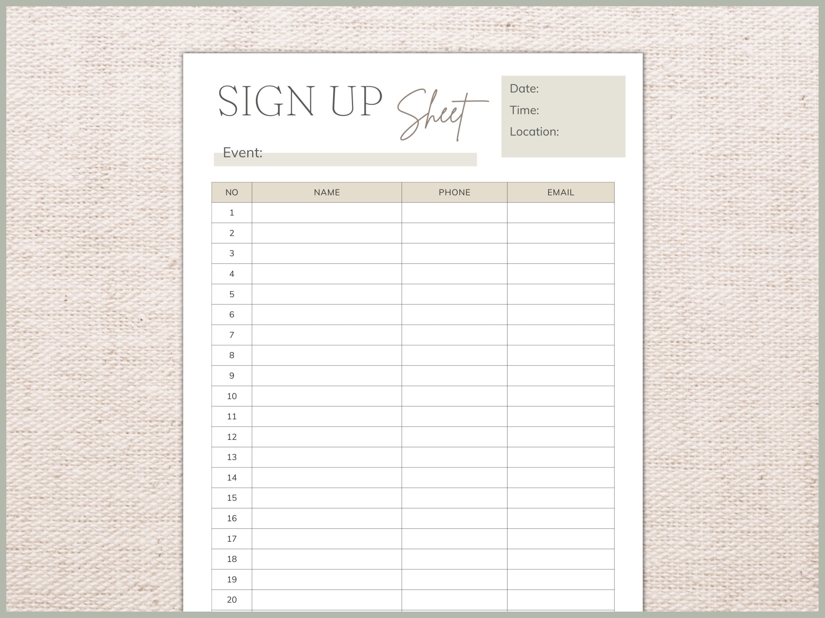 Editable Sign up Sheet Template Printable Sign up Form Contact ...