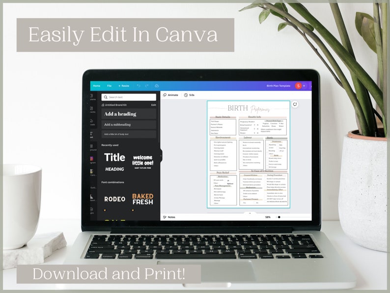 May include: A laptop screen displaying a Canva design template for a birth plan. The template is titled "BIRTH Plan" and includes sections for labor preferences, birth details, and pain relief options. The text "Easily Edit In Canva" is displayed above the laptop screen.