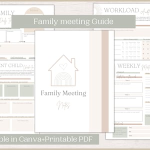 May include: Printable family meeting guide with a house icon, rainbow arches, and sections for daily tasks, parent-child check-ins, weekly meetings, and workload audits.