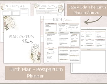Birth Plan Template + Printable Postpartum Planner | Birth Essentials Bundle