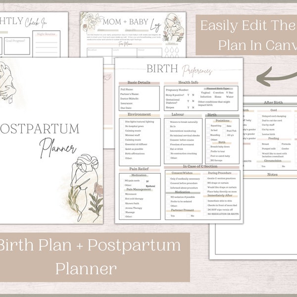 Birth Plan Template + Printable Postpartum Planner | Birth Essentials Bundle