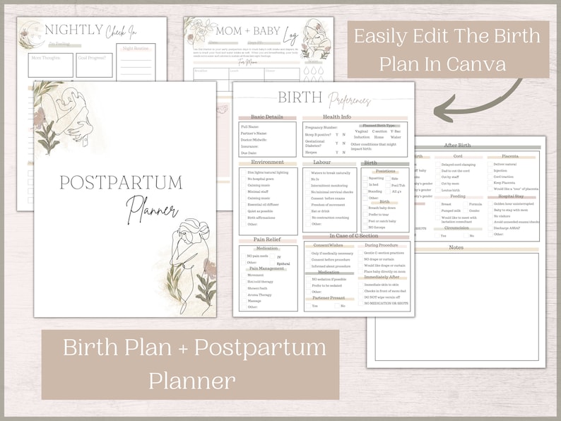 May include: A printable birth plan and postpartum planner with a minimalist design featuring a line drawing of a woman holding a baby. The planner includes sections for basic details, health information, labor, birth, after birth, and postpartum.