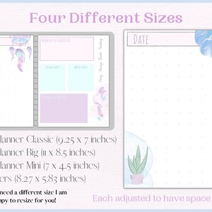 May include: Four different sizes of printable planner pages with a light blue and pink colour scheme. The pages feature a variety of designs, including a dreamcatcher, a potted plant, and a cloud with birds. The text "Four Different Sizes" is at the top of the image. The text "DATE" is at the top of each page. The text "Happy Planner Classic (9.25 x 7 inches)", "Happy Planner Big (11 x 8.5 inches)", "Happy Planner Mini (7 x 4.5 inches)", and "A5 Planners (8.27 x 5.83 inches)" is listed below the pages. The text "Each adjusted to have space for rings" is at the bottom of the image.