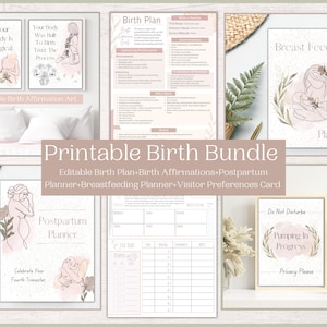 Peut inclure: Ensemble imprimable de planificateurs numériques pour la grossesse et le post-partum. Comprend un plan de naissance, des affirmations, un planificateur post-partum, un planificateur d'allaitement et une carte de préférences pour les visiteurs. Le design présente un fond aquarelle avec des éléments floraux et des illustrations au trait d'une femme enceinte.