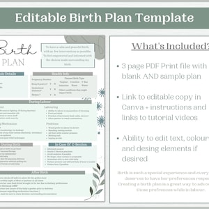 May include: Editable birth plan template with sections for basic details, health info, and during labor preferences. Includes a 3-page PDF, editable Canva link, and tutorial videos. The template is designed to help create a personalized birth plan.
