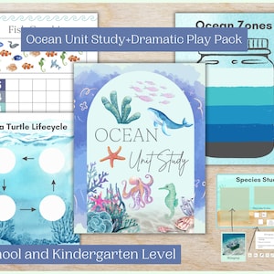 May include: A colourful printable pack for preschool and kindergarten children featuring an ocean unit study with activities such as a sea turtle lifecycle, ocean zones, and a species study. The pack includes a cover page with an illustration of an ocean scene with a whale, octopus, starfish, and seahorse.