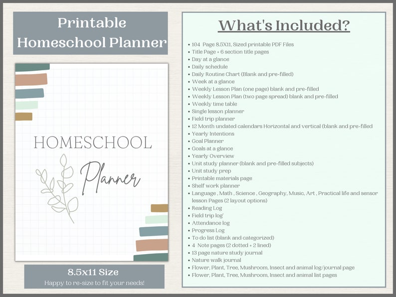 K&ouml;nnte beinhalten: Ein druckbarer Homeschool-Planer mit einem gr&uuml;nen Blattdesign und dem Text "HOMESCHOOL Planner" in einem wei&szlig;en Kasten. Der Planer umfasst 104 Seiten, darunter Tages-, Wochen- und Jahrespl&auml;ne, Unterrichtspl&auml;ne, Ausflugsplaner und vieles mehr. Der Planer ist 8,5 Zoll mal 11 Zoll gro&szlig;.